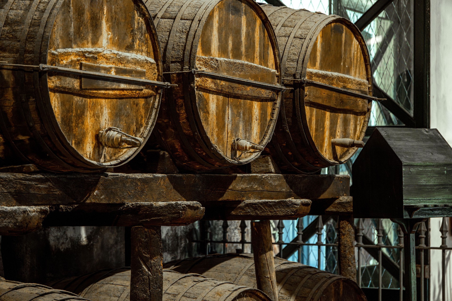 Old aged wooden barrels in a traditional Spanish wine cellar. Jerez de la Frontera, Spain.